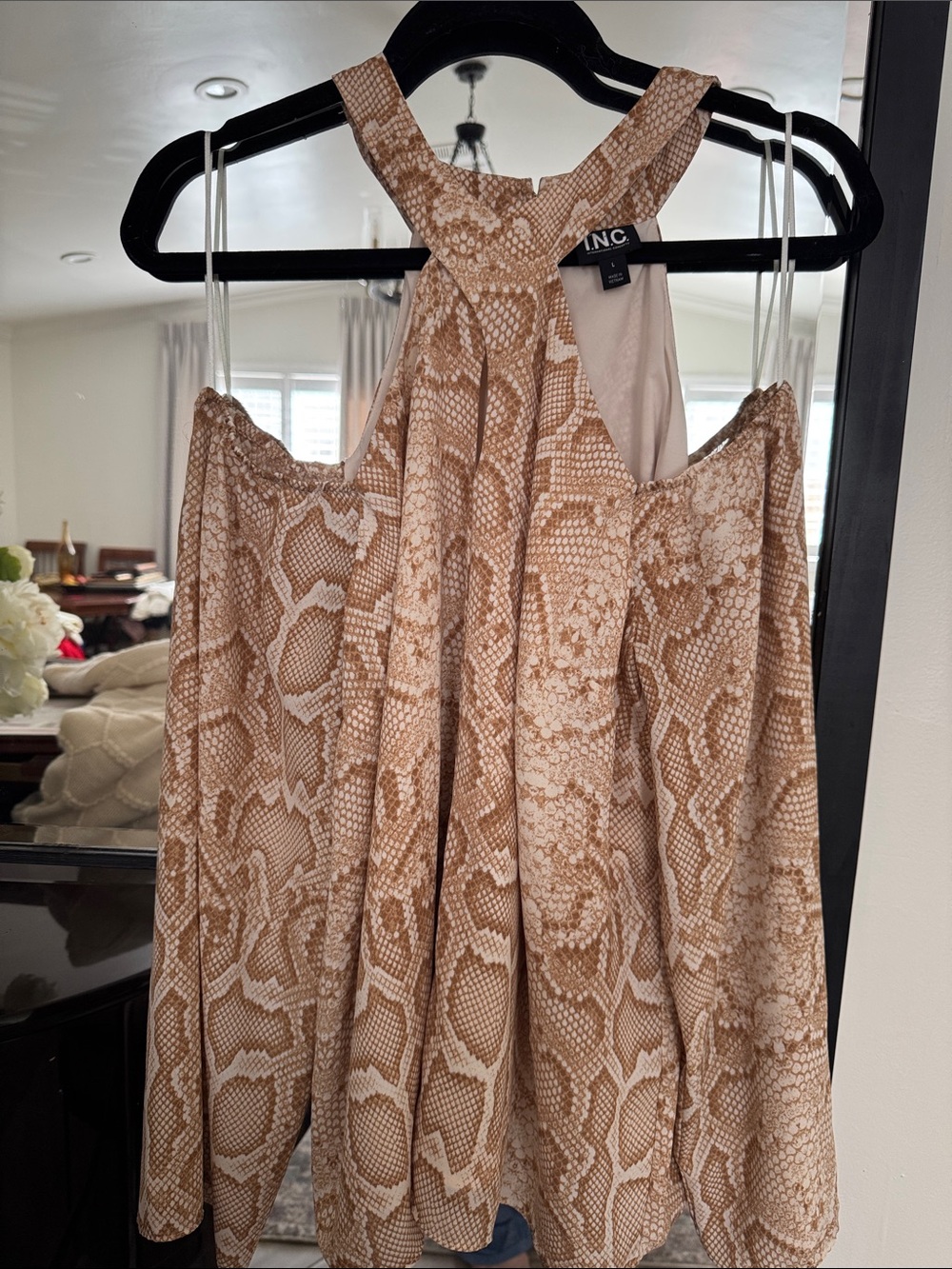 INC International Concepts Beige SnakePrint Cold Shoulder blouse